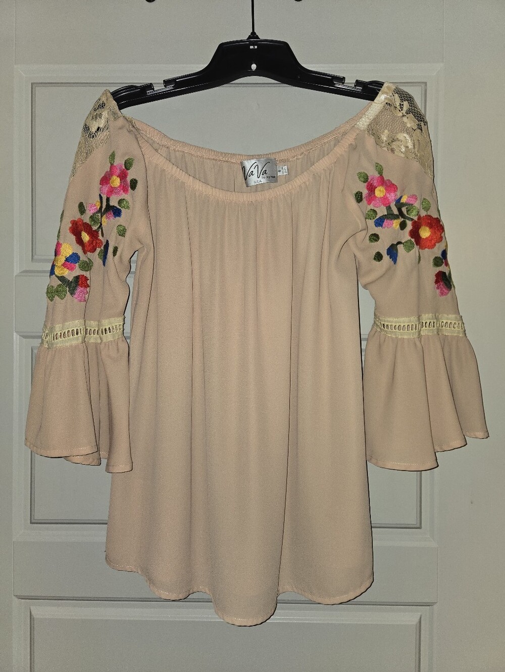 Vava by Joy Han Beige Off-Shoulder Blouse with Bright Floral Embroidery